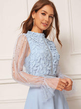 Load image into Gallery viewer, Star Mesh Bell Sleeve Guipure Lace Bodice Solid Dress
