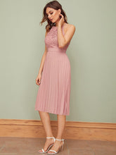 Load image into Gallery viewer, Zipper Back Lace Bodice Pleated Halter Dress
