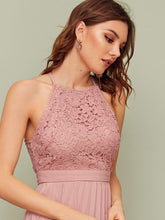 Load image into Gallery viewer, Zipper Back Lace Bodice Pleated Halter Dress
