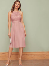 Load image into Gallery viewer, Zipper Back Lace Bodice Pleated Halter Dress
