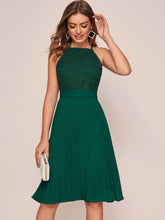 Load image into Gallery viewer, Zipper Back Lace Bodice Pleated Halter Dress
