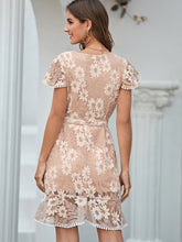 Load image into Gallery viewer, Ruffle Hem Wrap Belted Flower Lace Dress
