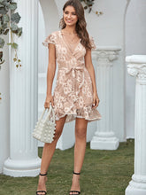 Load image into Gallery viewer, Ruffle Hem Wrap Belted Flower Lace Dress

