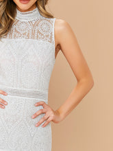 Load image into Gallery viewer, Mock-Neck Embroidery Mesh Sleeveless Dress
