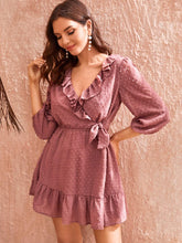 Load image into Gallery viewer, Swiss Dot Knot Front Ruffle Hem Dress

