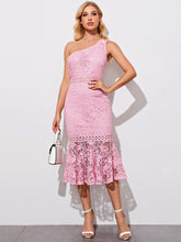 Load image into Gallery viewer, One Shoulder Mermaid Hem Lace Overlay Dress
