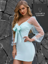 Load image into Gallery viewer, Sheer Mesh Lantern Sleeve Tie Front Bodycon Dress
