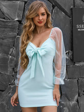 Load image into Gallery viewer, Sheer Mesh Lantern Sleeve Tie Front Bodycon Dress
