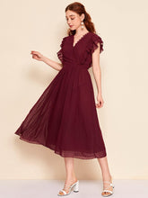 Load image into Gallery viewer, Surplice Neck Lace Trim Layered Ruffle Armhole Swiss Dot Dress
