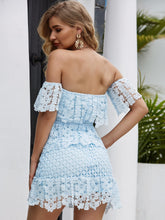 Load image into Gallery viewer, Off Shoulder Ruffle Trim Guipure Lace Dress
