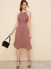 Load image into Gallery viewer, Zipper Back Lace Bodice Pleated Halter Dress
