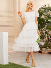Load image into Gallery viewer, Puff Sleeve Layered Ruffle Hem Mesh Overlay Dress
