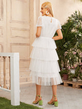 Load image into Gallery viewer, Puff Sleeve Layered Ruffle Hem Mesh Overlay Dress
