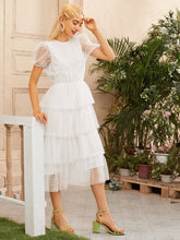 Load image into Gallery viewer, Puff Sleeve Layered Ruffle Hem Mesh Overlay Dress
