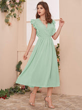 Load image into Gallery viewer, Surplice Neck Lace Trim Layered Ruffle Armhole Swiss Dot Dress
