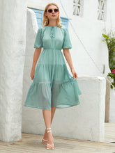 Load image into Gallery viewer, Tie Neck Lantern Sleeve A-line Dress
