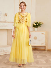 Load image into Gallery viewer, Layered Sleeve Sequin Embroidered Bodice Mesh Overlay Dress
