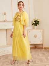 Load image into Gallery viewer, Layered Sleeve Sequin Embroidered Bodice Mesh Overlay Dress
