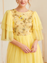 Load image into Gallery viewer, Layered Sleeve Sequin Embroidered Bodice Mesh Overlay Dress
