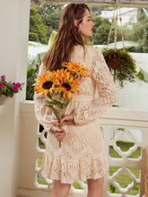 Load image into Gallery viewer, Surplice Neck Belted Ruffle Hem Lace Dress
