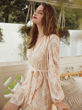 Load image into Gallery viewer, Surplice Neck Belted Ruffle Hem Lace Dress
