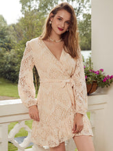 Load image into Gallery viewer, Surplice Neck Belted Ruffle Hem Lace Dress
