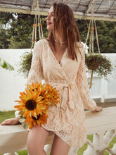 Load image into Gallery viewer, Surplice Neck Belted Ruffle Hem Lace Dress
