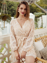 Load image into Gallery viewer, Surplice Neck Belted Ruffle Hem Lace Dress
