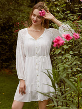 Load image into Gallery viewer, Tie Neck Button Front Shirred Belted Chiffon Dress
