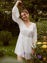 Load image into Gallery viewer, Tie Neck Button Front Shirred Belted Chiffon Dress
