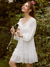 Load image into Gallery viewer, Tie Neck Button Front Shirred Belted Chiffon Dress
