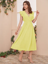 Load image into Gallery viewer, Surplice Neck Lace Trim Layered Ruffle Armhole Swiss Dot Dress
